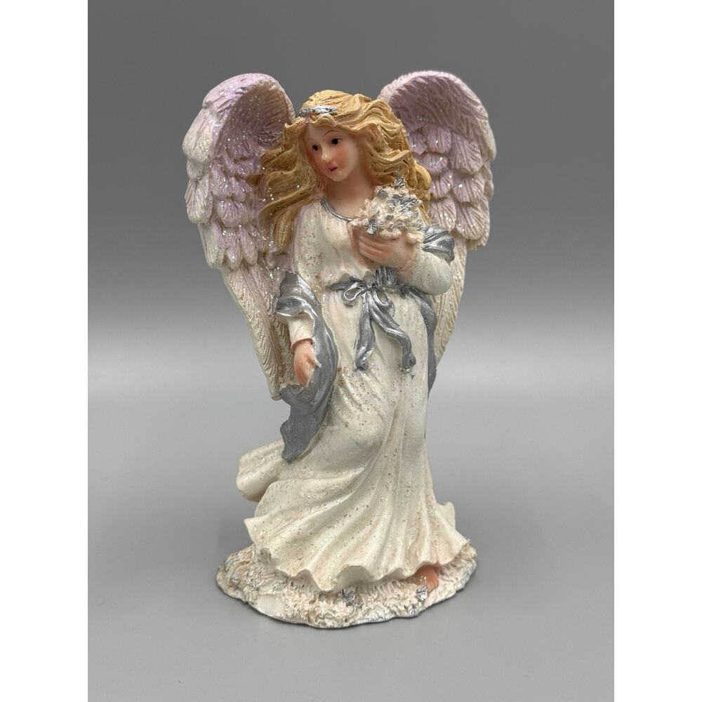 Beautiful Angel In White Dress Pink Wings Holding Flowers Figurine 5”